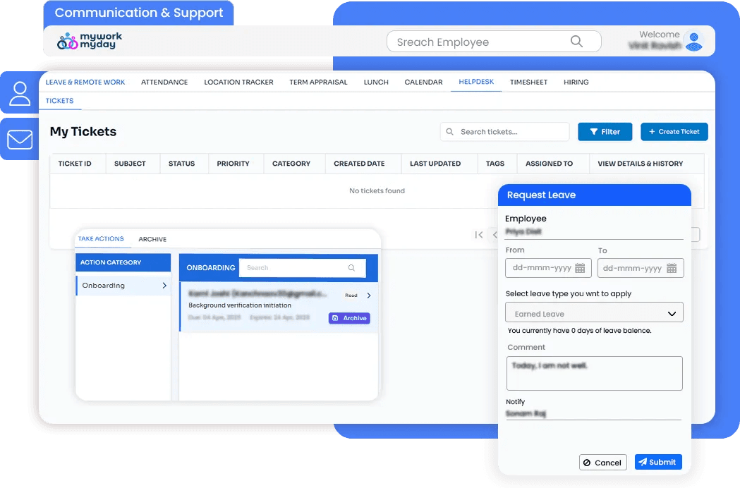 MyWorkMyDay communication and support dashboard